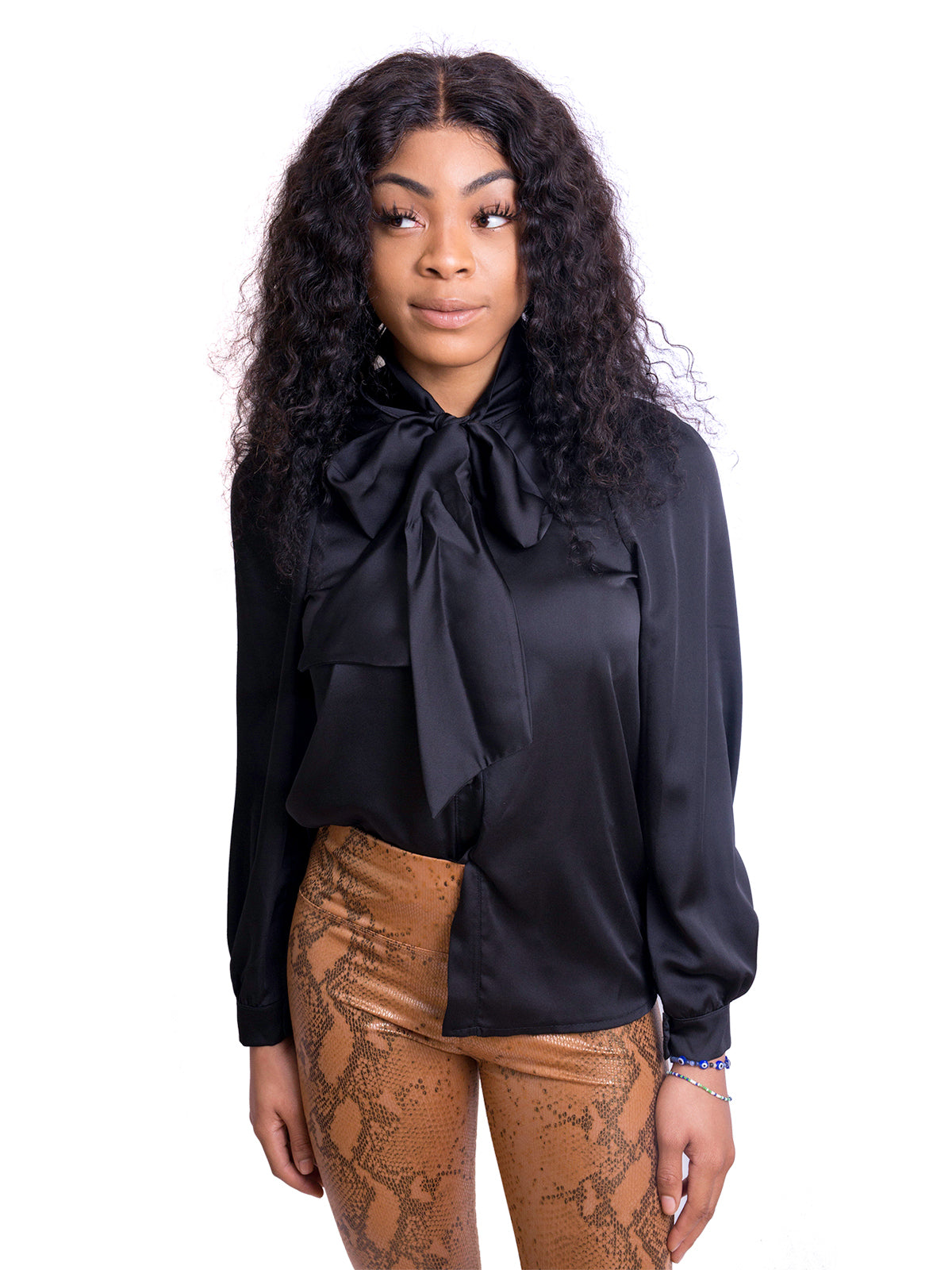 Black Pussy Bow Satin Shirt