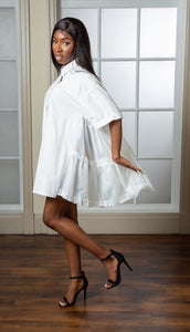 White Oversized Shirt Dress With Frill Detail On Side