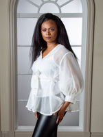 Load image into Gallery viewer, White V Neck Design Mesh Shirt With Belt Tie Up
