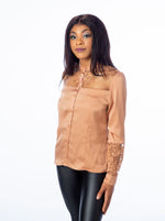 Load image into Gallery viewer, Brown Satin Lace Insert Long Sleeve Blouse

