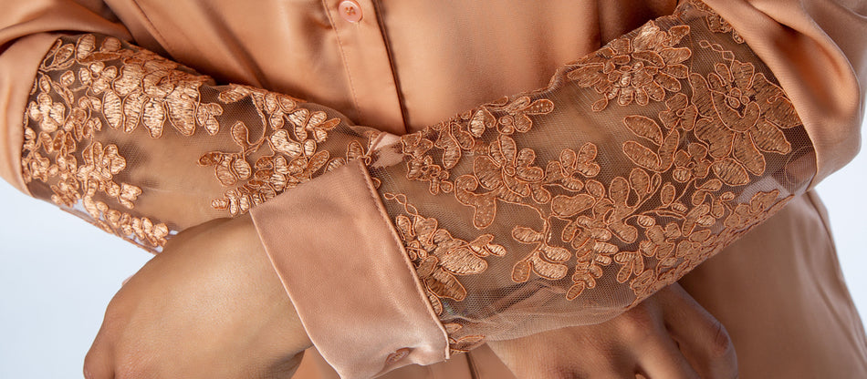 Brown Satin Lace Insert Long Sleeve Blouse